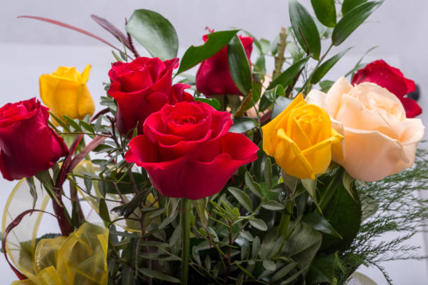 istock Bouquet of assorted multicolored roses isolated on white background 1085374994