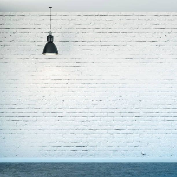 istock 3d room with white brick wall and ceiling lamp 1085375518