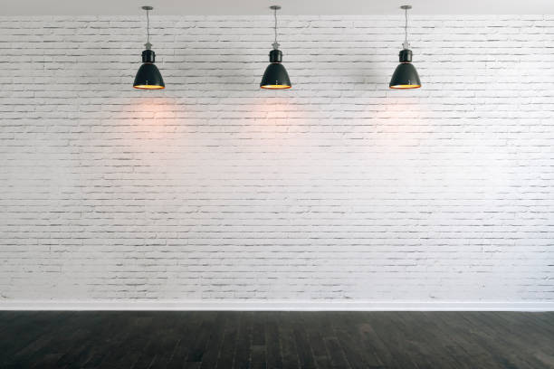 3d room with white brick wall and ceiling lamp