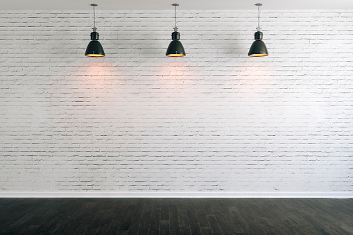 3d room with white brick wall and ceiling lamp