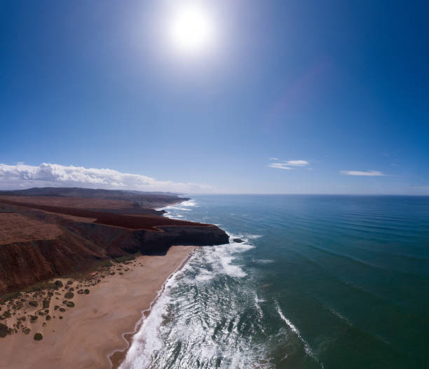 Aerial panorama view on ocean waves and rocks on the Atlantic coast in Morocco