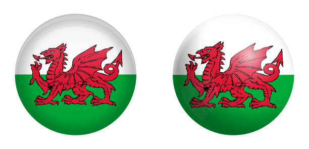 3 차원 돔 버튼 아래와 광택에 웨일즈 (cymru) 플래그 범위 / 공. - welsh flag stock illustrations