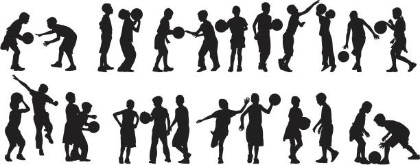 illustrazioni stock, clip art, cartoni animati e icone di tendenza di bambini che giocano a basket - basketball child dribbling basketball player