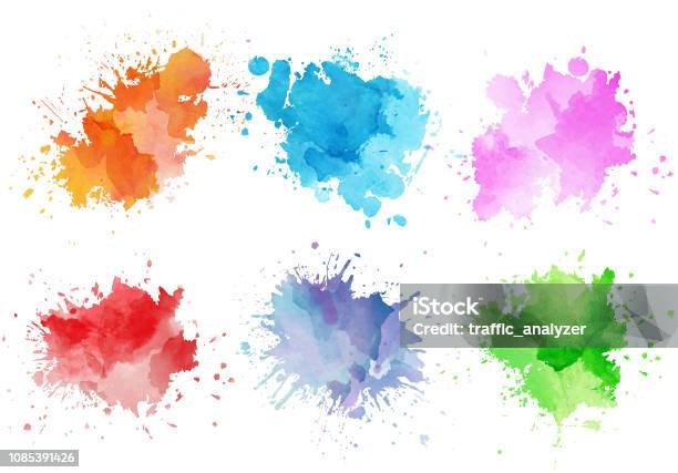 Colorful Watercolor Splashes - Arte vetorial de stock e mais imagens de Tinta - Equipamento de Arte e Artesanato - Tinta - Equipamento de Arte e Artesanato, Tinta de Aguarela, Chapinhar