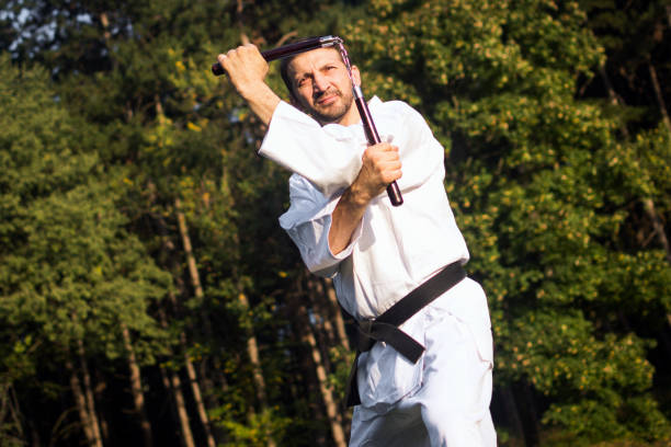 arts martiaux avec nunchaku - nunchaku photos et images de collection