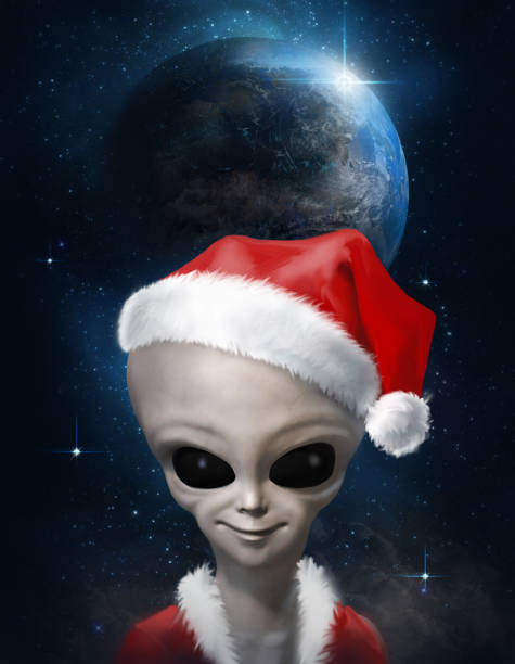 istock Alien dressed as Santa Claus against the starry sky. Postcard. 3 d illustration. 1085397568