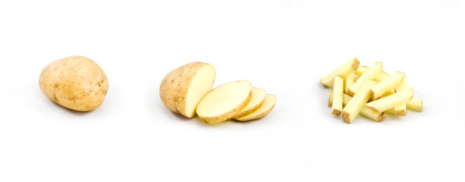 three stages of a potato being prepared for cooking as chips, or fries