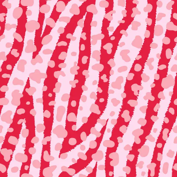 Vector illustration of Seamless pattern with colorful zebra fur print. Vector illustration. Exotic wild animalistic texture. Red and pale pink stripes and spots wallpaper.