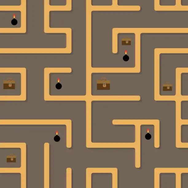 Vector illustration of An impassable labyrinth with treasures and traps.