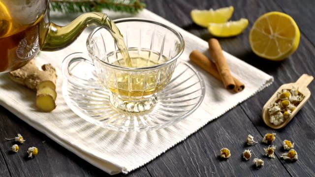 Tea with ginger, lemon. Slow Motion.