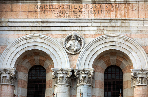 the side wall of Ferrara cathedral, Basilica Cattedrale di San Giorgio, Ferrara, Italy