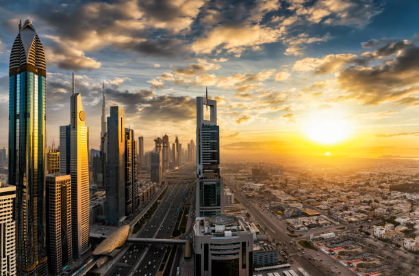 istock Cloudy sunset over the modern skyline of Dubai, UAE 1085439952