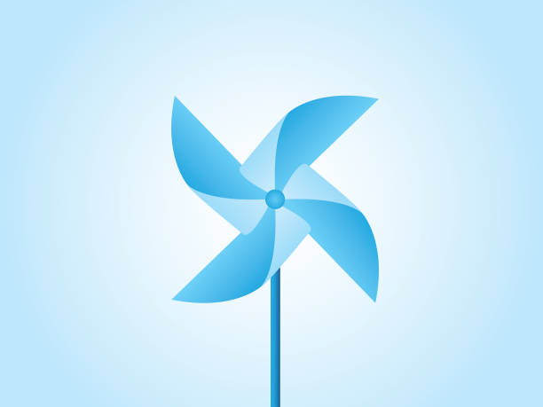 Blue pinwheel made with paper vector illustration on light background for childhood play Blue pinwheel made with paper vector illustration on light background for childhood colorful paper windmill toy stock illustrations