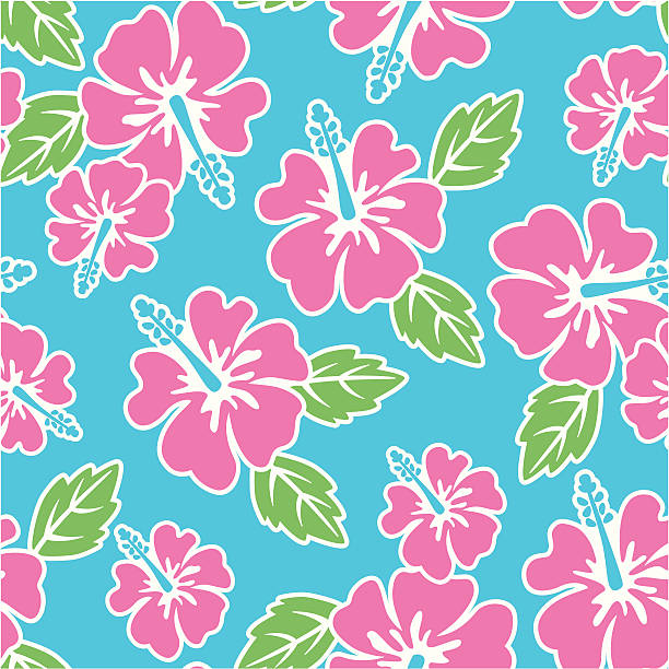 A hibiscus pattern that is pink, blue, and green vector art illustration