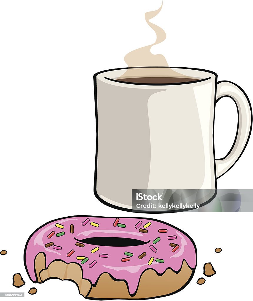 Iced Donut with Sprinkles Illustration of a frosted donut with sprinkles and a cup of hot chocolate/coffee Breakfast stock vector