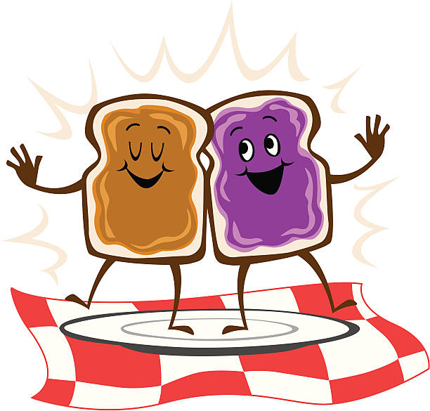 Peanut butter on bread and jelly dancing Vector Illustration of a peanut butter jelly sandwich (open-faced). peanut butter and jelly sandwich stock illustrations