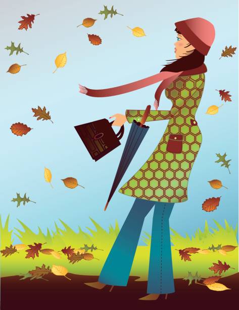 illustrazioni stock, clip art, cartoni animati e icone di tendenza di camminare nel vento - scarf blowing women autumn