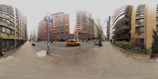 New York, NY, USA - December 21, 2018: Apartment buildings between Fifth and Sixth Avenue in VR 360°