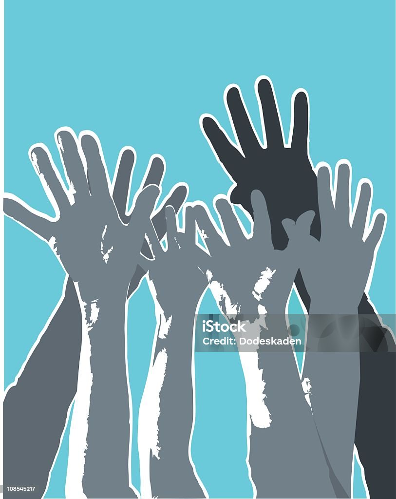 Silhouettes of five hands, fingers spread, raised in hope Illustration of hands reaching for the sky useful for many applications and design concept. Activity stock vector