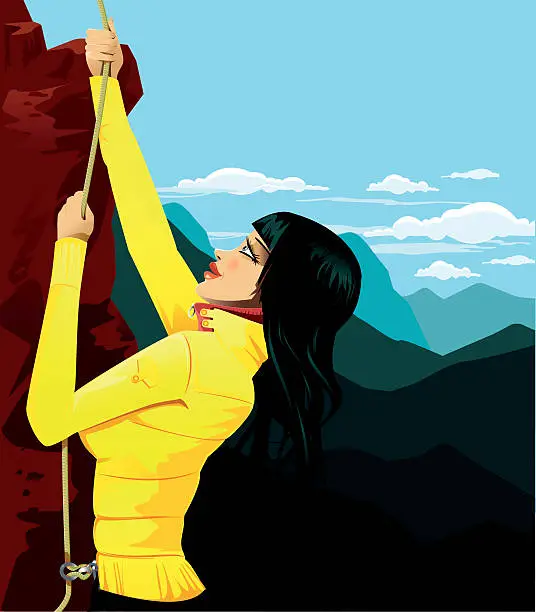 Vector illustration of Young Woman Climbing Mountain with Blue Sky Background