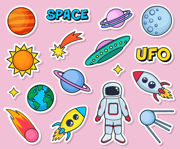 illustrations, cliparts, dessins animés et icônes de patchs mignon ensemble avec espace cosmonaute planètes soleil terre roquettes vaisseaux lune ufo comète satellite et étoiles sur fond rose. autocollants de mode, dessin animé des années 80-90 style. - equipment group of objects space moon