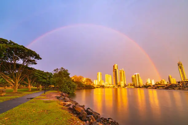 Photo of The Surfers Paradise skyline reflections at sunset with a rainbow