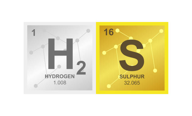 ilustrações, clipart, desenhos animados e ícones de símbolo de sulfeto de hidrogênio de vetor ou topo que consiste em partir de hidrogênio e enxofre sobre o fundo de moléculas ligadas - sulfide