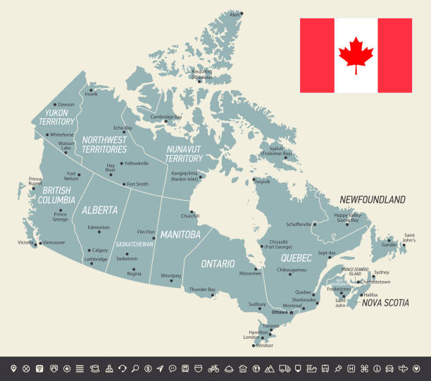 istock Retro Map of Canada. Vector Illustration with Canadian national flag and navigation icons 1085483132