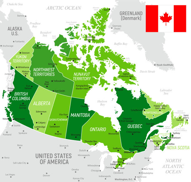 ilustrações, clipart, desenhos animados e ícones de mapa verde de canadá com a bandeira nacional, estados e fronteiras - manitoba map canada outline