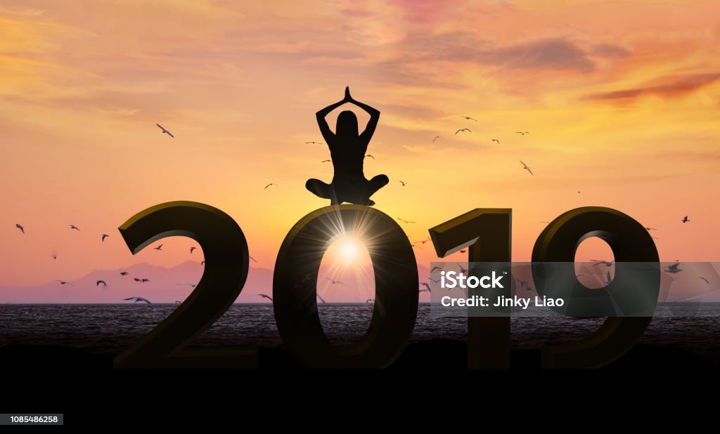 Yoga 2019 Pig Year Illustration This  means that a team or company is happy to  2019 and welcome a happy, successful 2019. 2019 Stock Photo