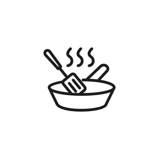 Frying pan with spatula line icon Frying pan with spatula line icon. Baking, food preparation, kitchen. Cooking concept. Vector illustration can be used for topics like food, culinary, housework skillet stock illustrations