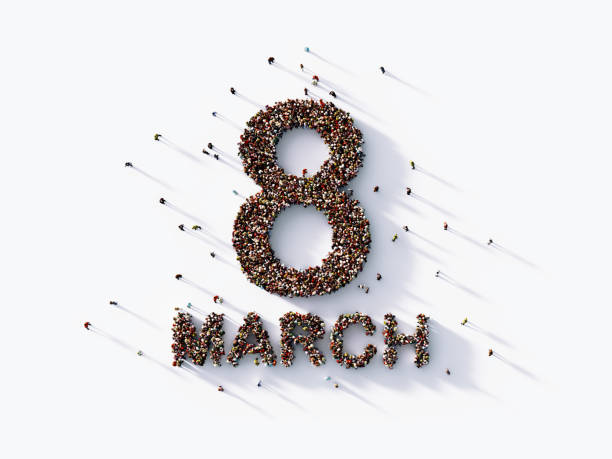 Human crowd forming a big eight march text on white background. Horizontal composition with copy space. Clipping path is included. International Women's Day concept.