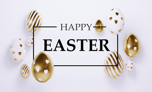 Gold painted Easter eggs on white background, Happy Easter text is placed in a black frame. Directly above. Horizontal composition with clipping path and copy space.