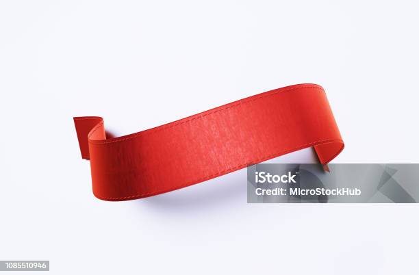 Red Ribbon Banner On White Background Stock Photo - Download Image Now - Award Ribbon, Ribbon - Sewing Item, Banner - Sign