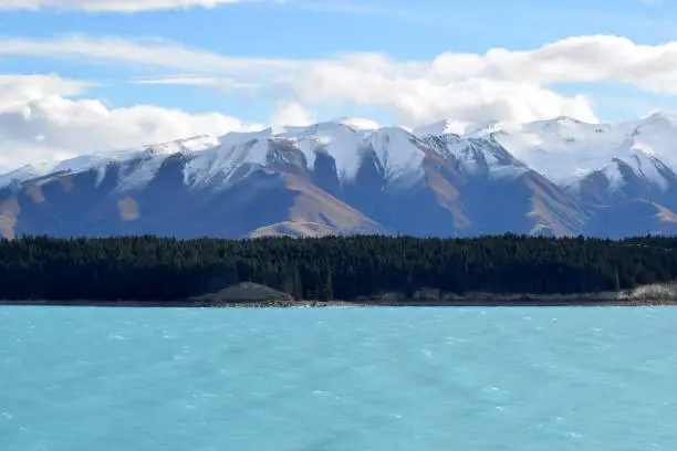 Lake Pukaki with Southern Alps in the distance. South Island, New Zealand.