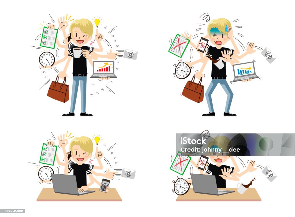 Modern Multitasking Man Multitasking Man Stock Illustration - Download Image Now - 20-29 Years ...