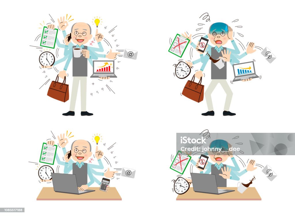Multitask Men Multitasking Man Stock Illustration - Download Image Now - 60-69 Years ...