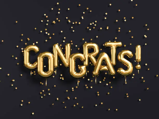 Photo of Congrats text with golden confetti.