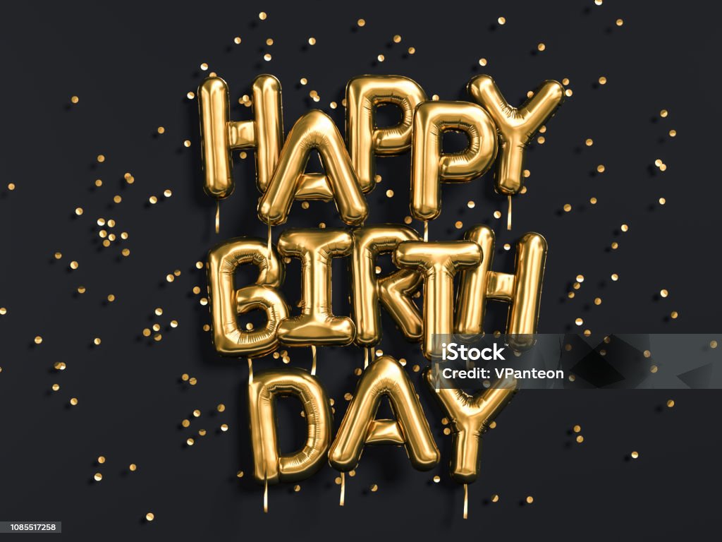 Happy Birthday text congratulations gold foil balloons on black Happy Birthday text congratulations gold foil balloons on black background, greeting banner, 3d rendering Birthday Stock Photo