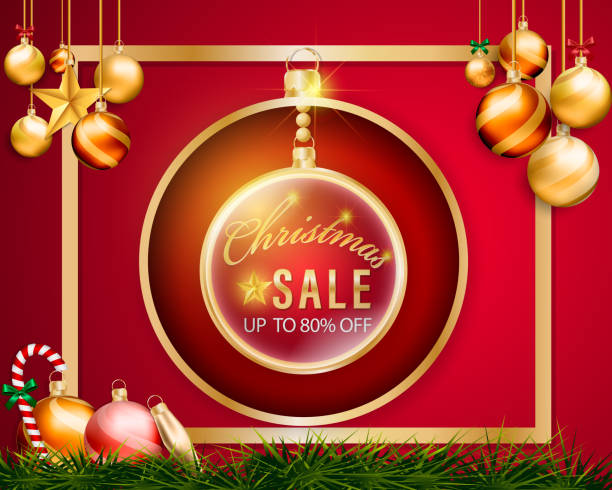 istock 3D Christmas balls hanging sale promotional banner and gold frame with decoration element on grass and red background. 1085544876