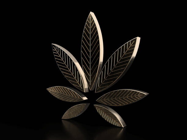 istock Cannabis leaf on black background. Golden marijuana leaf. Stylish gold cannabis leaf drug marijuana herb, 3D illustration. Marijuana element for logo, banner or flyer design. 1085548310