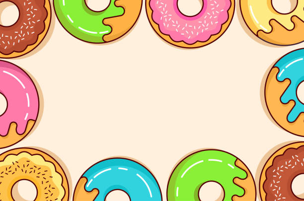 Donuts space for text.Top view.Chocolate, strawberry, vanilla glaze pastries. Concept design banner. donuts stock illustrations