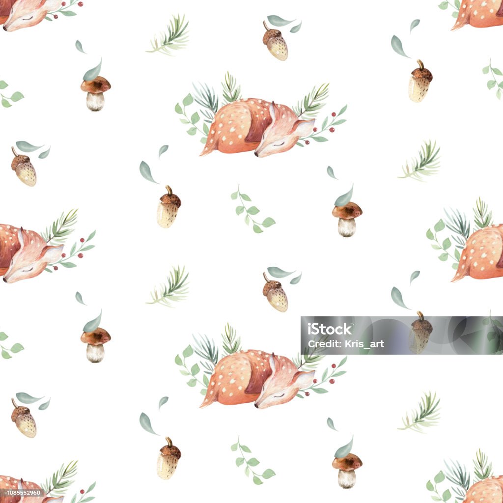Cute watercolor baby deer animal seamless pattern, nursery isolated illustration for children clothing, patterns. Watercolor Hand drawn boho image Perfect for phone cases design, nursery posters Cute watercolor baby deer animal seamless pattern, nursery isolated illustration for children clothing, patterns. Watercolor Hand drawn boho image Perfect for phone cases design, nursery Animal stock illustration