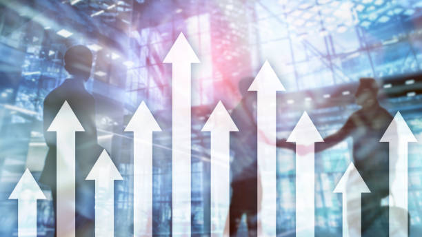 istock Up arrow graph on skyscraper background. Invesment and financial growth concept. 1085555578