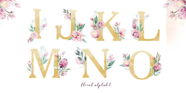 istock Gold glitter letter alphabet. Isolated Golden alphabetic fonts and numbers on white background. Floral wedding font text illustration 1085557338
