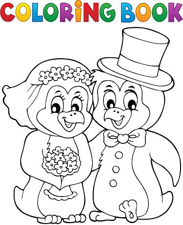 Coloring book penguin wedding theme 1