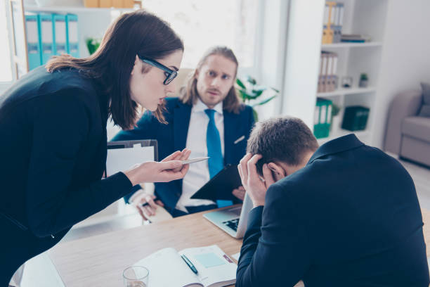 istock Young lady chief boss in glasses wearing jacket having quarrel w 1085580412