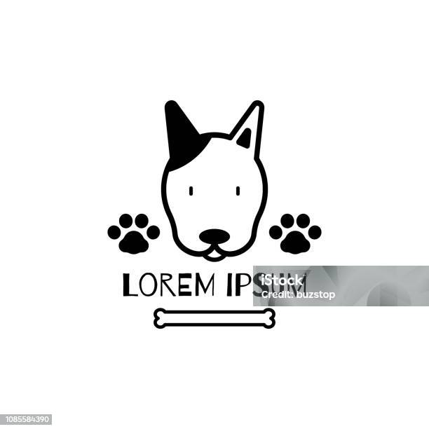 The Cute Animal Pet Bull Terrier Dog With Paw And Bone Logo Label In White Background Stock Illustration - Download Image Now