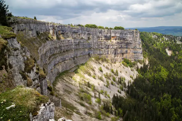 Creux du van, the amphitheater shaped rock formation,  which is 1400 metres wide and 150 metres deep, Neuchatel, Switzerland