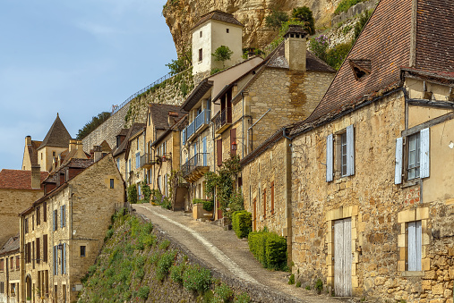 Street with historical houses in Beynac-et-Cazenac, Dordogne department, France